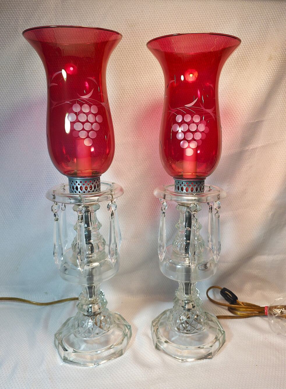 Vintage Cranberry Glass Hurricane Lamps Crystal Prism Etched Grape Pair